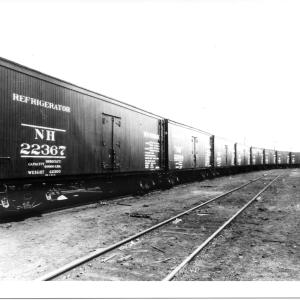 Line of 13 new wood refrigerator cars on an unidentified yard siding.  First car is NH #22367