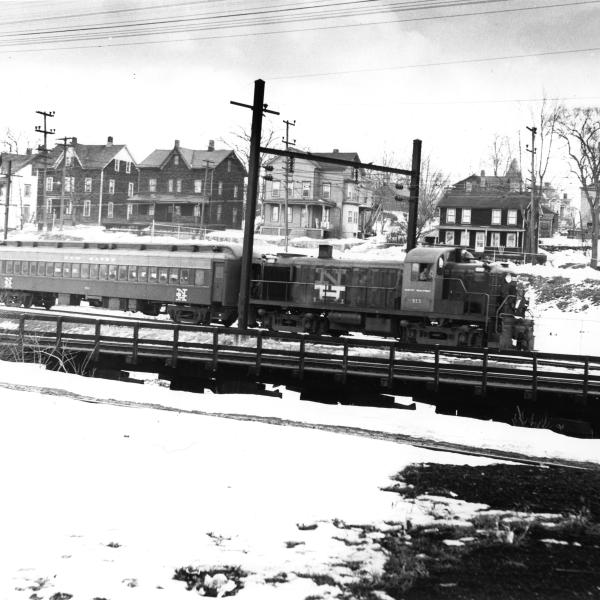 Train # 342 at Danbury, 2:21 PM Saturday only, with one coach and DERS-2c  #553 instead of MU, December 1957