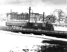Train # 342 at Danbury, 2:21 PM Saturday only, with one coach and DERS-2c  #553 instead of MU, December 1957