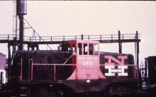 3/4 broadside view of 44 ton locomotive #0815 at Cedar Hill Yard, CT